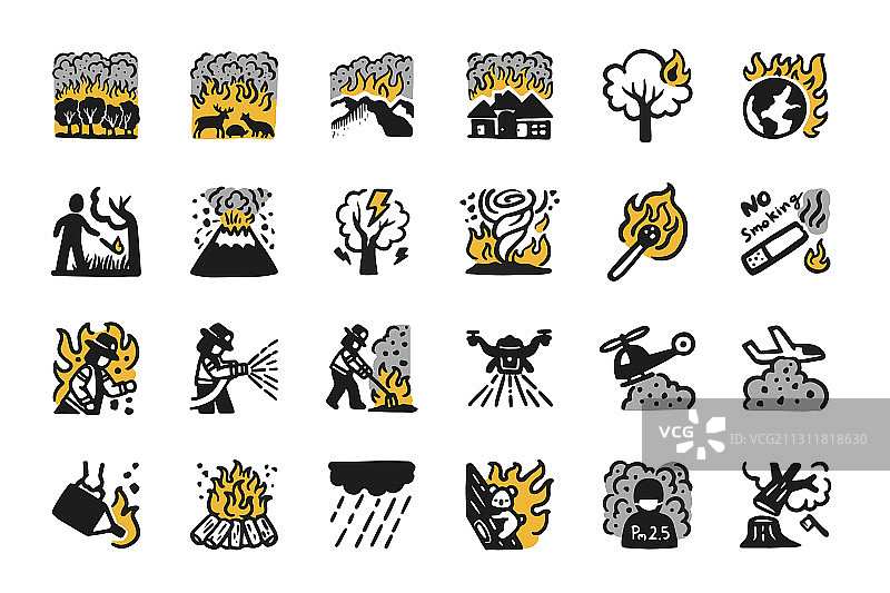 手绘野火森林火灾图标集图片素材