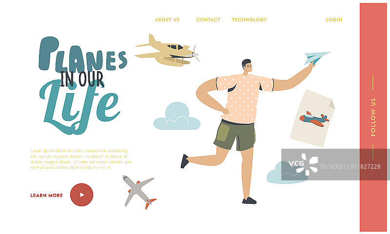 儿童梦想成为飞行员的飞机着陆页图片素材