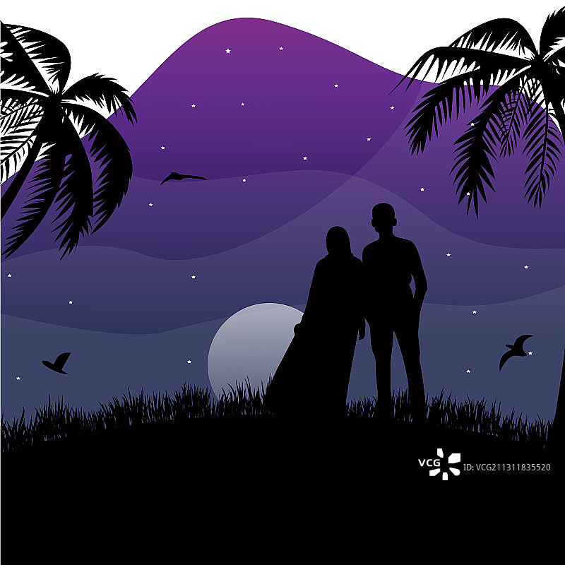 穆斯林情侣自然风光剪影图片素材