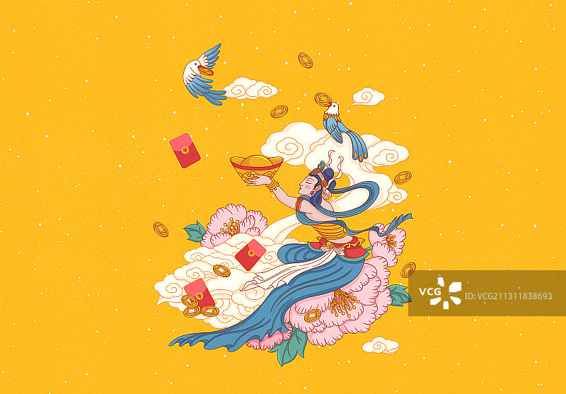 春节招财进宝年画黄底横版图片素材