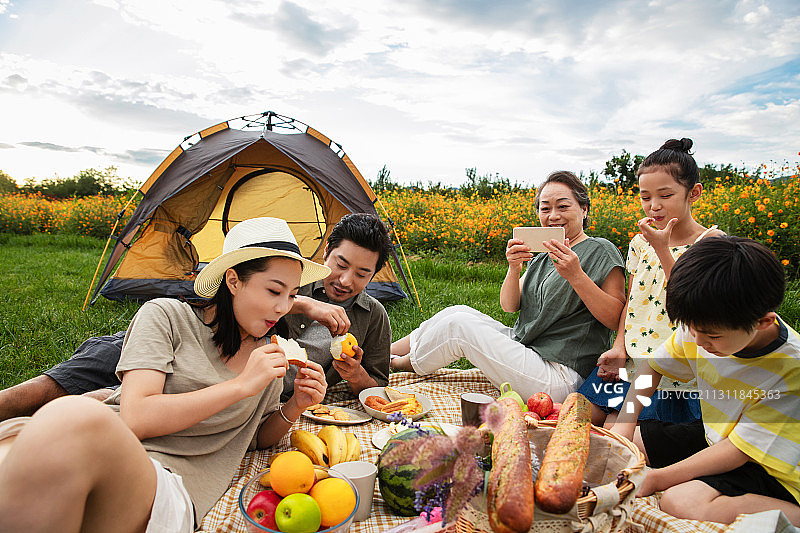 快乐家庭在郊外野餐图片素材