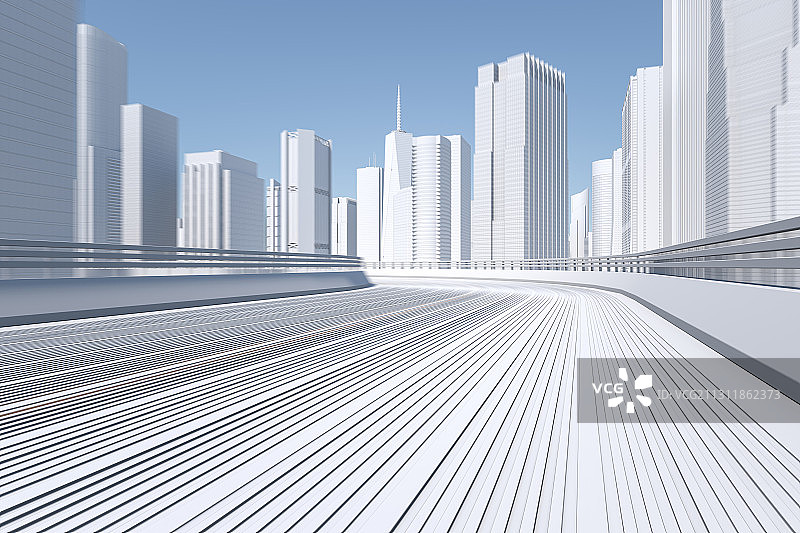 三维渲染的高架桥和虚拟城市天际线图片素材