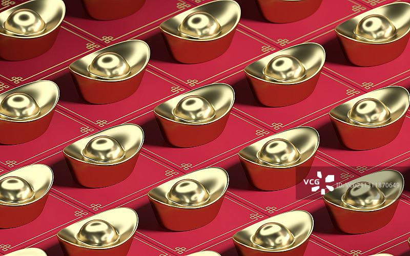 排列的金元宝与红色台面 3D渲染图片素材