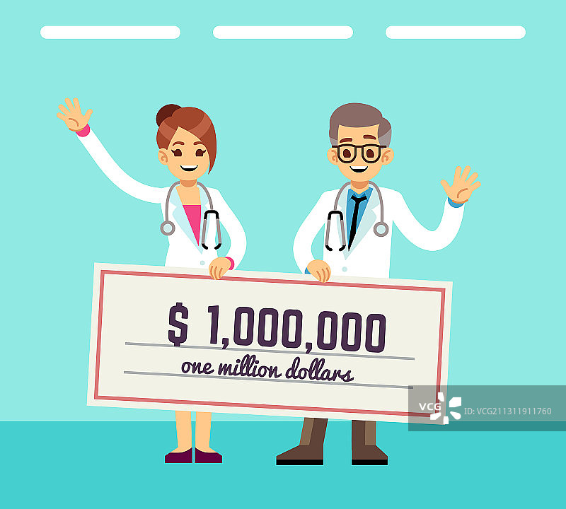 医生手持百万美元支票的医疗补助金图片素材