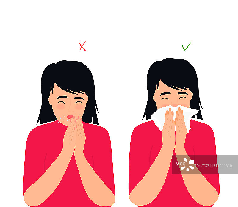 女孩打喷嚏和咳嗽的正反示例图片素材