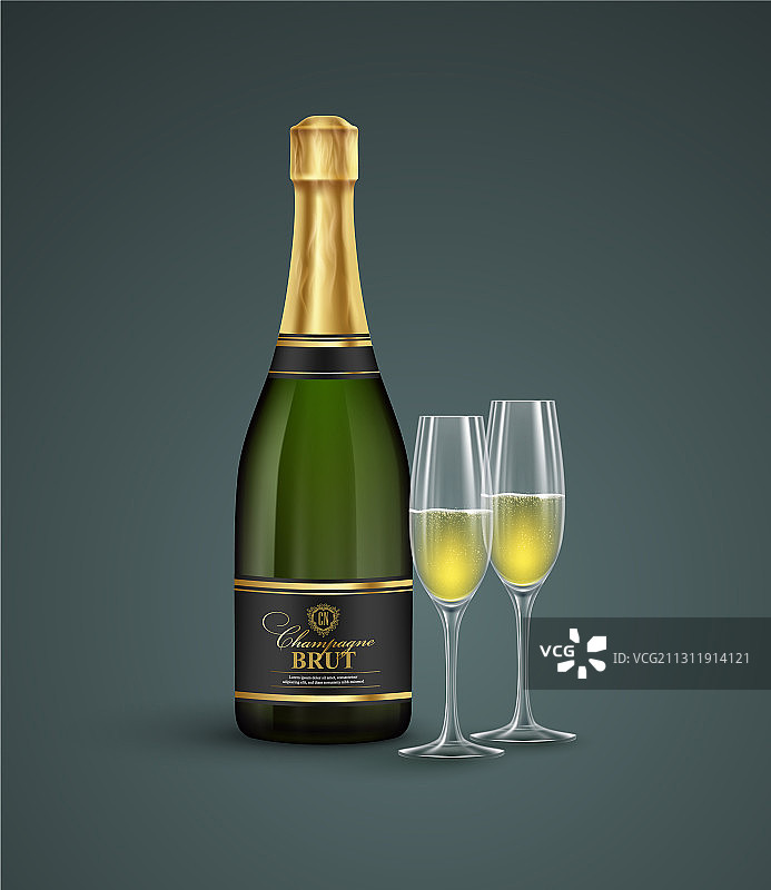 逼真香槟酒瓶和玻璃杯隔离模型图片素材
