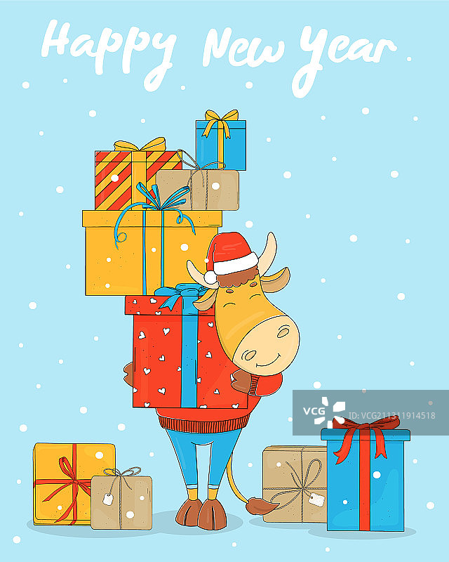 戴圣诞帽和礼品盒的公牛图片素材