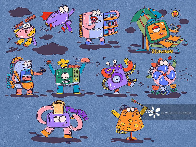 扁平手绘拟人电器贴纸图片素材