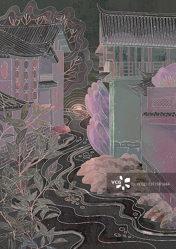 梦幻风格夜晚的村落图片素材