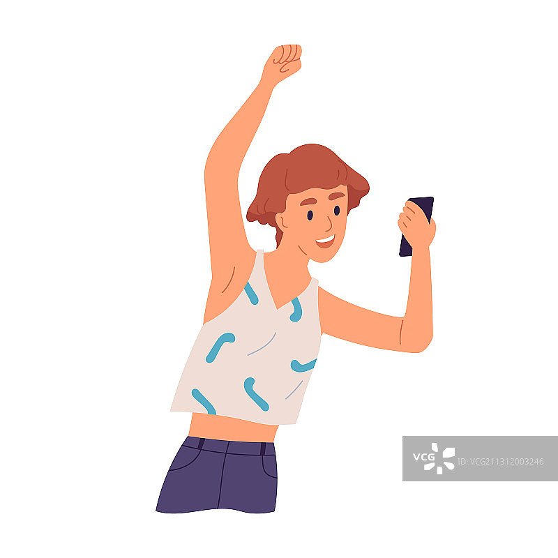 快乐的女孩举手看着屏幕图片素材