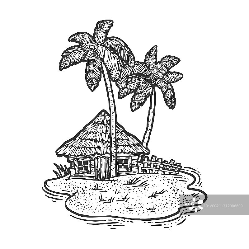 无人岛小屋棕榈树素描图片素材