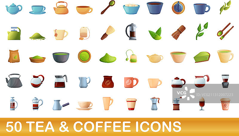 50个卡通风格的茶和咖啡图标图片素材