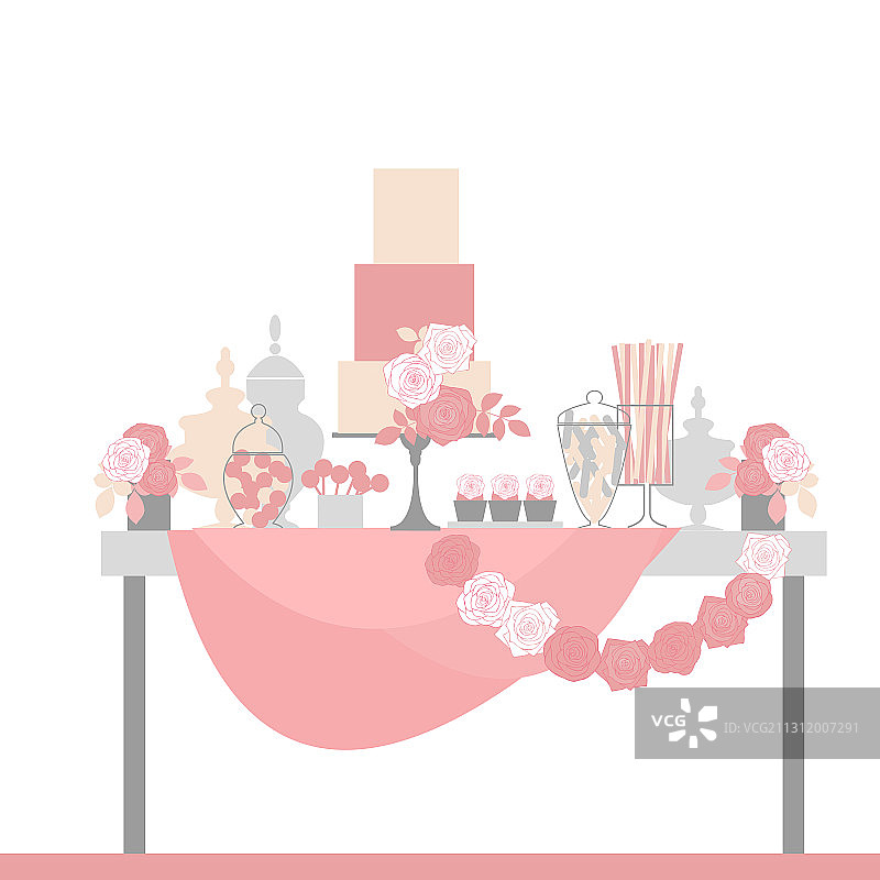 有蛋糕和鲜花甜点的婚礼糖果吧图片素材