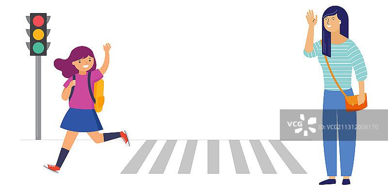 女学生在上学的路上过马路图片素材