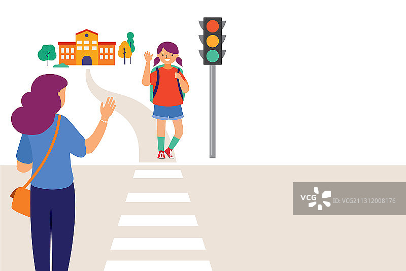 女学生在上学的路上过马路图片素材