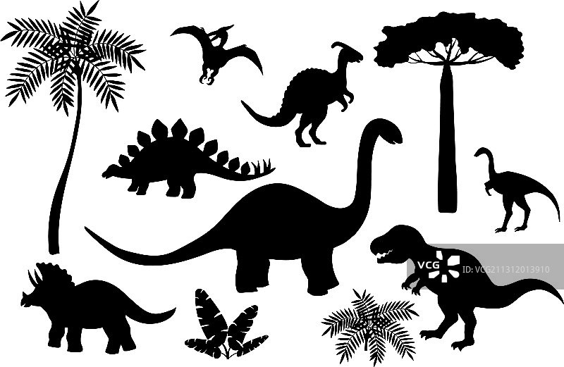 白色背景上的黑色恐龙剪影图案图片素材