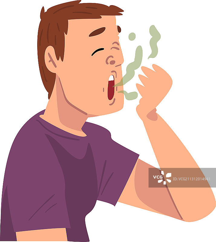 对着手呼吸并闻气味的年轻男人图片素材