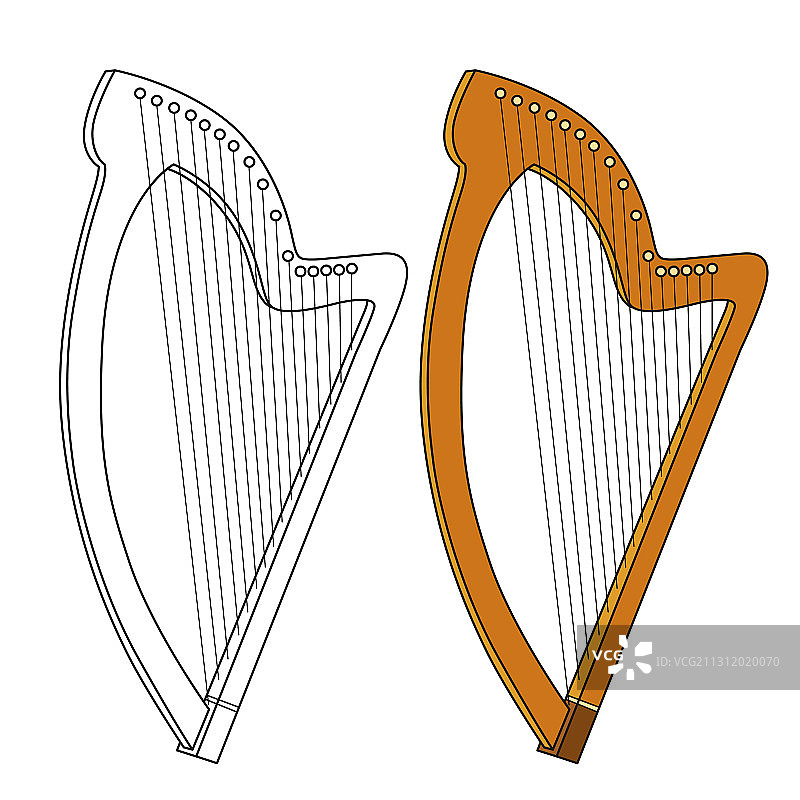 用于着色的凯尔特竖琴彩色轮廓图片素材