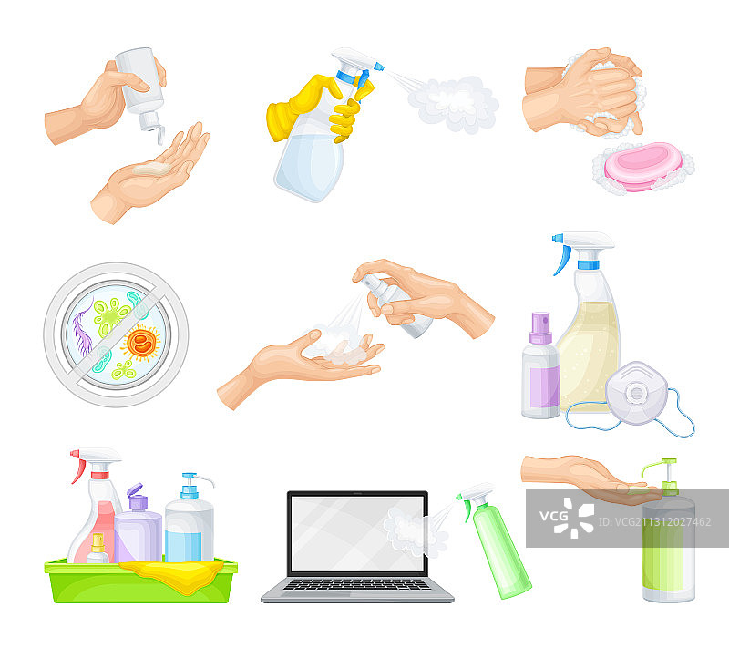 分配器瓶中的清洁剂和消毒剂图片素材