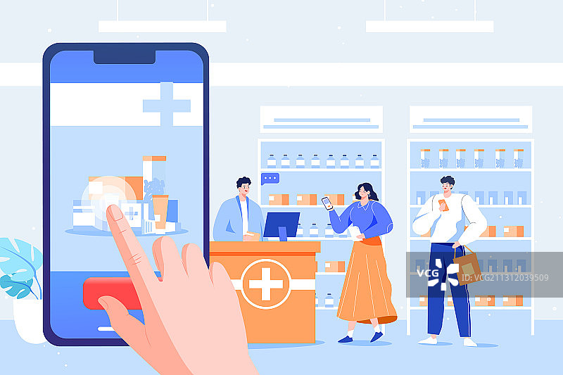 卡通药店买药咨询医保报销理赔医药医师预防感冒医疗健康矢量插画图片素材
