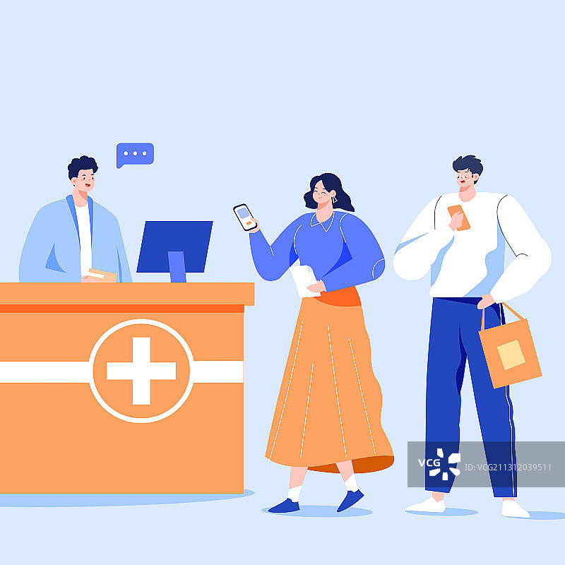 卡通药店买药咨询医保报销理赔医药医师预防感冒医疗健康矢量插画图片素材