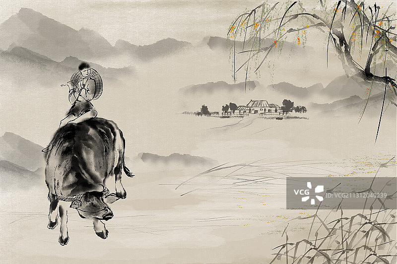牛年春节的国画之牧童坐在牛背上吹笛子图片素材