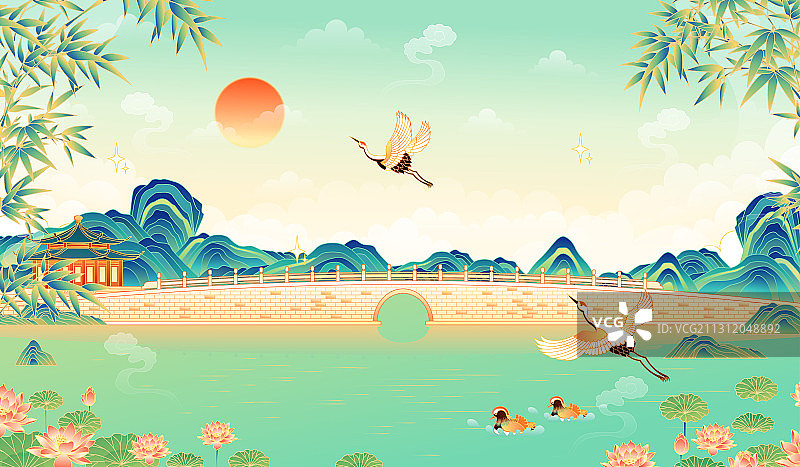 杭州西湖锦带桥风景矢量插画图片素材