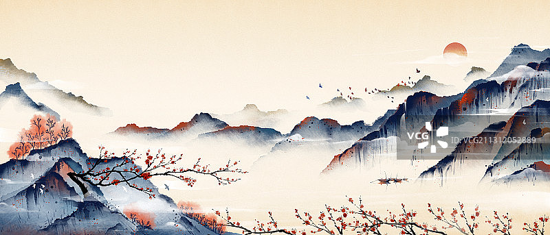 国风国画梅花山水画图片素材