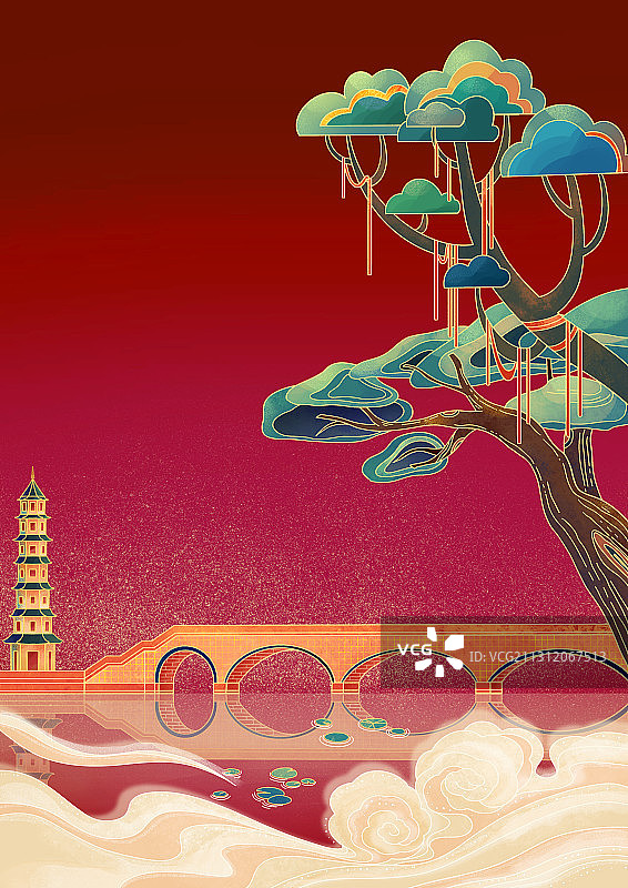 国潮风湖景图片素材