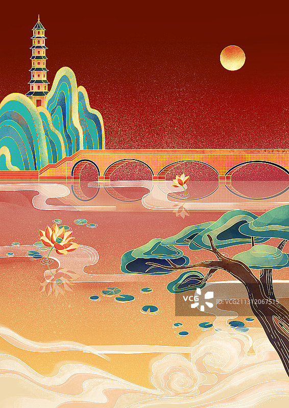 国潮风湖景图片素材