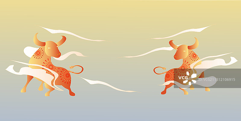 牛年双牛春节生肖祥云新中式矢量插画图片素材