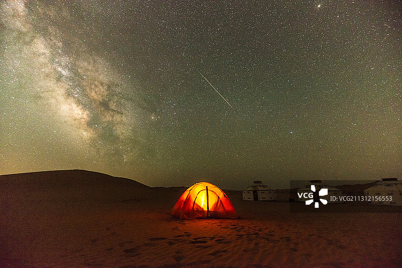 夏季在腾格里露营拍到的银河和流星图片素材