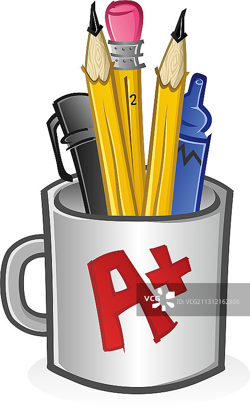 马克杯、铅笔、钢笔、蜡笔和记号笔图片素材