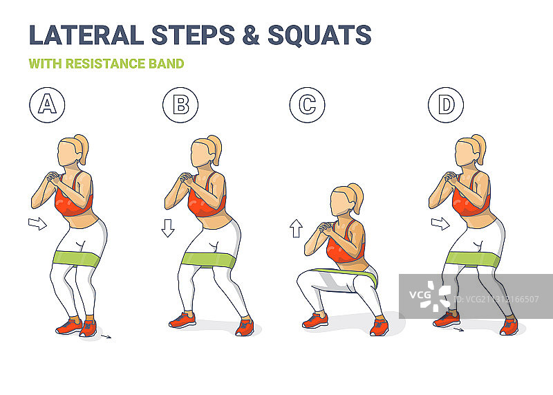 女孩用阻力带进行横向行走和深蹲图片素材