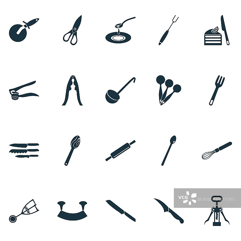 带刀木勺的厨房用具图标集图片素材