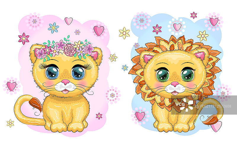 儿童画中有着大眼睛的可爱卡通狮子图片素材