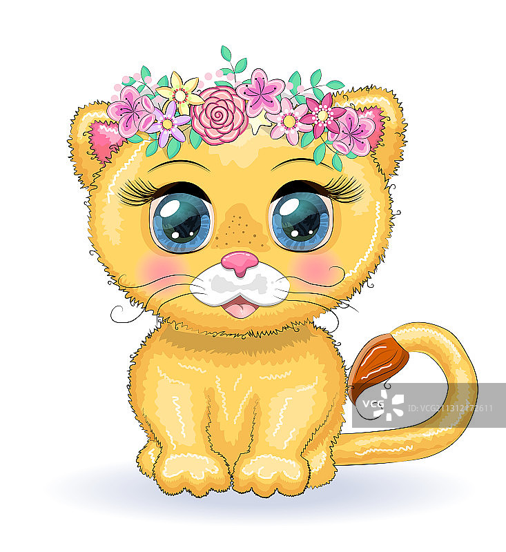 儿童画中有着大眼睛的可爱卡通狮子图片素材