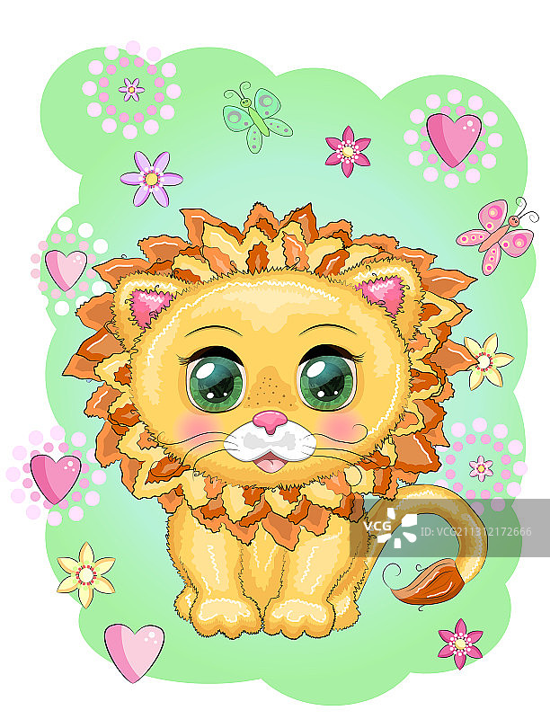 儿童画中有着大眼睛的可爱卡通狮子图片素材