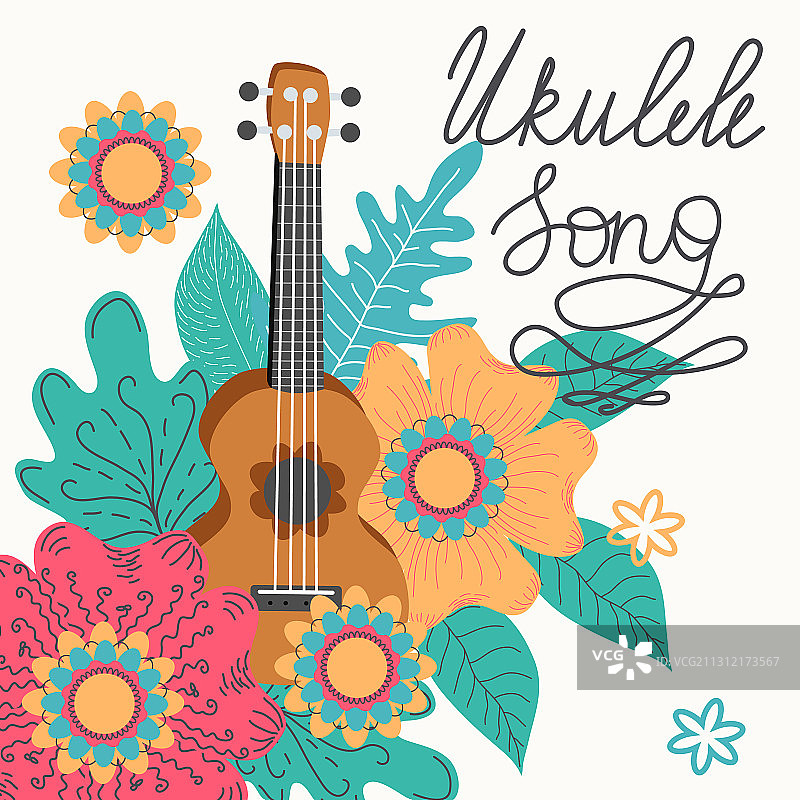 尤克里里和热带叶子手绘图片素材