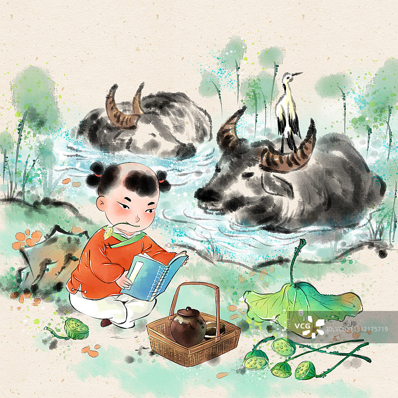 水墨风国学儿童插画系列-稚子学书图片素材