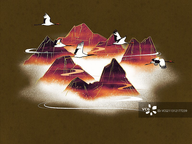 国潮风云山雾绕仙鹤图片素材