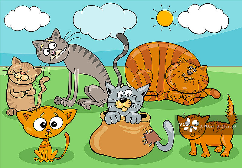 猫和幼猫卡通群像图片素材