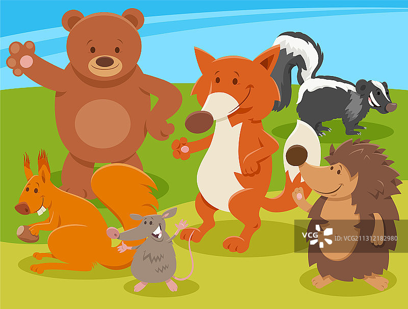快乐的卡通野生动物角色群图片素材