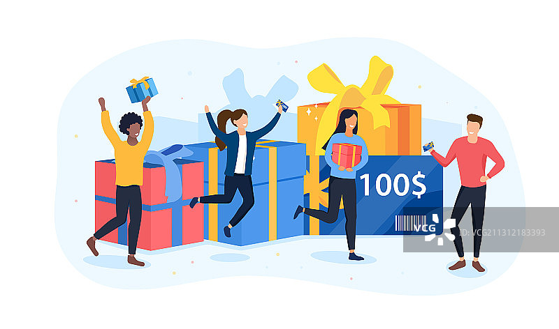 多元化人群带着礼物和卡片庆祝图片素材