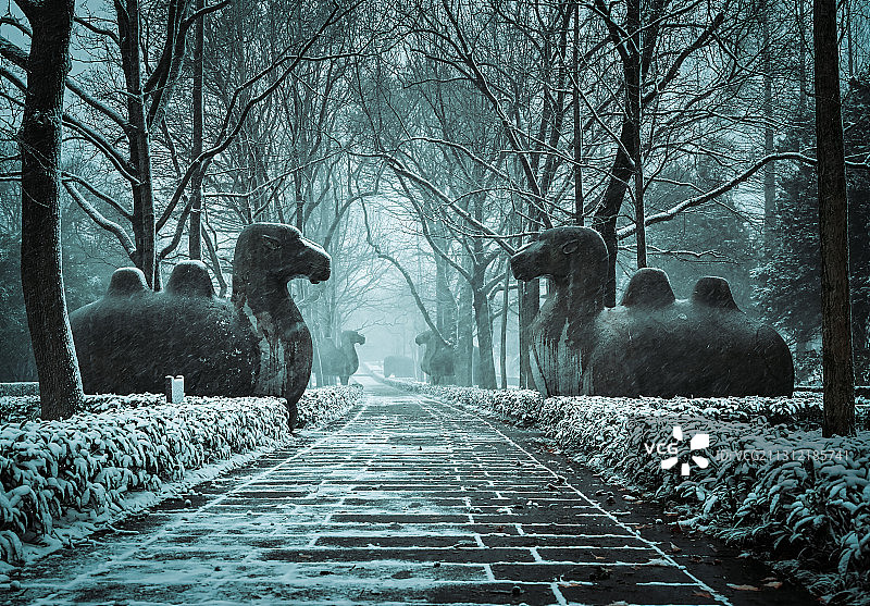 雪中的南京明孝陵石像神道骆驼像图片素材
