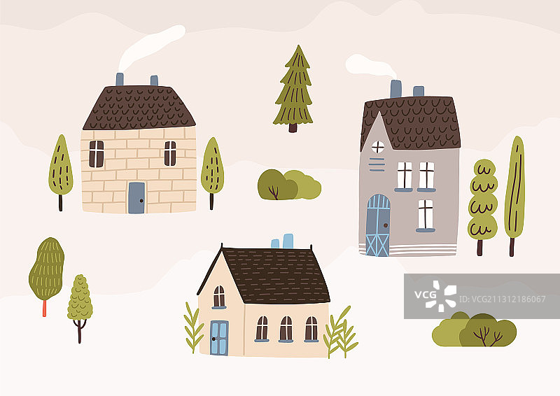手绘村庄与房屋树木图片素材