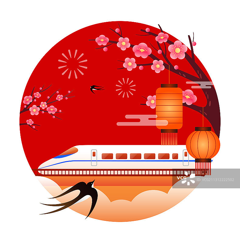 春运动车和梅花灯笼燕子插画图片素材