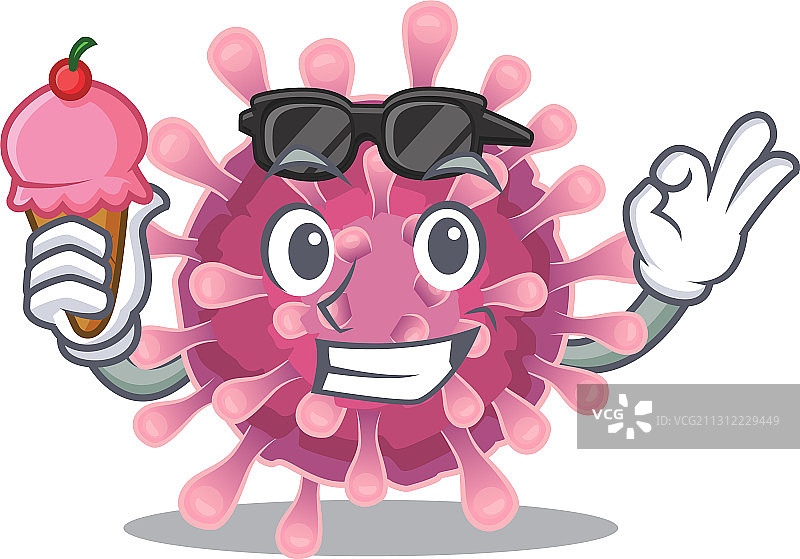 拿着冰淇淋的冠状病毒吉祥物卡通设计图片素材