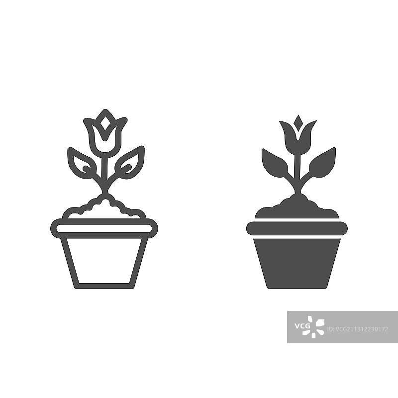 花盆线条和实体花卉图标图片素材
