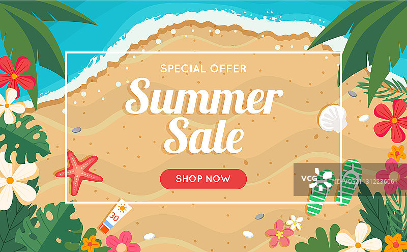 夏季促销banner：海滩与海洋花卉图片素材